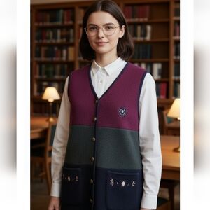 Vintage colorblock 100% wool buttoned vest cardigan with embroidery, size M